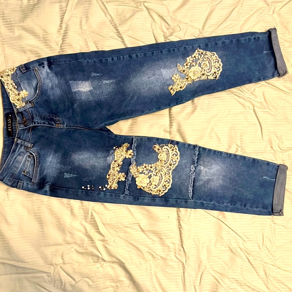 Olyss High Rise Jeans with Gold and Pearl Detail